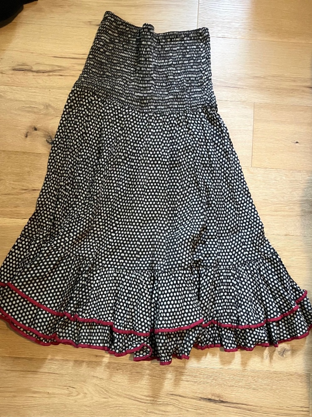 Trade Cloth Maxi Passementrie Macarena Skirt Black White Polka Dot Boho